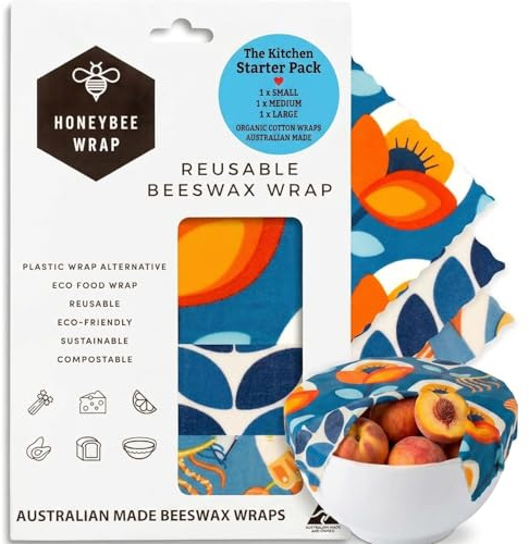 Honeybee Beeswax Wraps - Kitchen Starter Pack - Certified Organic Cotton Beeswax Wrap - Reusable Beeswax Wraps for Food - Plastic Wrap & Sandwich Bags Alternative - 3 Pack - Small, Medium & Large