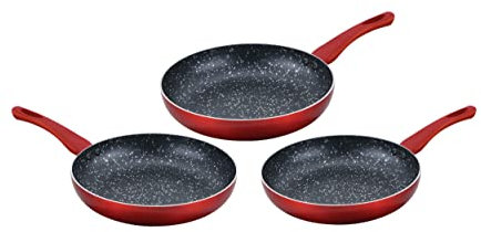 CENOCCO CC-2001 - Set de 3 poeles En pierre - Tous Feux et induction - 20/24/28 cm - Rouge