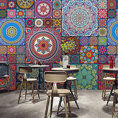 Simulation Tile Pattern Wallpaper Vintage Ethnic Style Wall Decoration Tea Shop Bohemian Morocco Wallpaper Living Room for Bedroom Rose Gold Retro-250cm×170cm