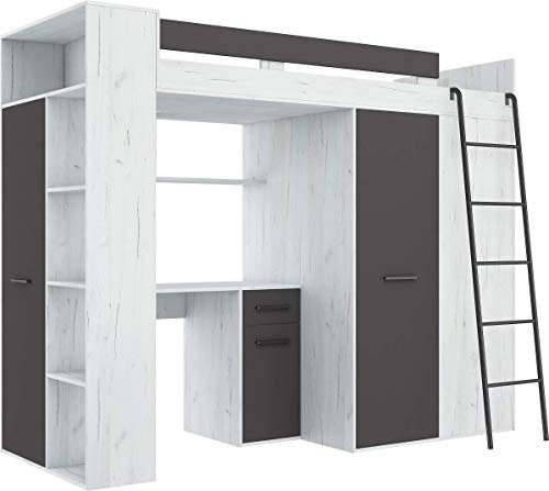 Hochbett mit Schreibtisch, Kleiderschrank und Bücherregal - Loftbett für Kinder - Komplettes Möbelset 236x120x190 cm - 90x200 cm Bettgröße - Rechte Leiter - VERANA - (Craft Weiß/Graphit)