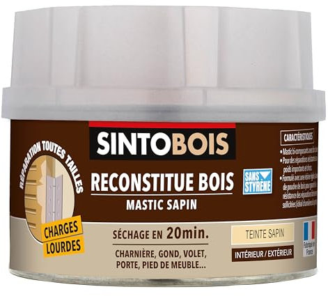 SINTOBOIS - Pâte à Bois Charges Lourdes - Reconstitue les Parties Manquantes - Passages Fréquents et Charges Lourdes - Intérieur et Extérieur - Sec en 20min - Sapin - Technique Professionnelle - 550g