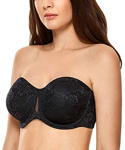 DELIMIRA Damen Multiway Trägerloser BH Bügel Ohne Polster Blumenspitze Schwarz 90D