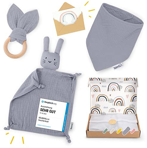 Räuberella® Baby Geschenk Junge & Mädchen enthält Geschenkkarte, Schmusetuch, Beißring und Lätzchen Geburt