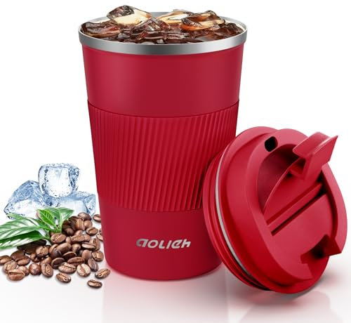 Aolieh Travel Mug, Insulated Coffee Cup,Double Walled Travel Mug Vacuum Insulation Stainless Steel with Leakproof Lid Eco-Friendly Reusable Cup for Coffee,Tea and Beer(Red-380ML)