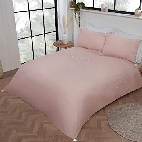 Sleepdown Luxury Boho Embroidered Panel Band Plain Blush Pink White Quasten Pflegeleicht Weicher Kuscheliger Bettbezug Quilt Bettwäsche-Set mit Kissenbezügen - Doppel (200cm x 200cm)