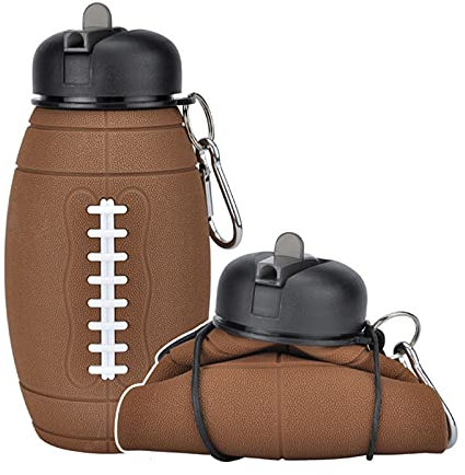 AXTMR Bouteille d'eau de Rugby en Silicone écologique de qualité Alimentaire, Bouilloire Portable Pliante étanche aux Chutes et aux fuites, Coupe de Football américain,Brown,600ML