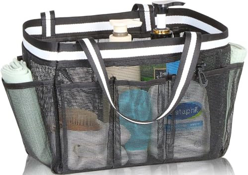 Ocim Large Portable Mesh Shower Caddy Bag Tote for Big Size Shampoo Bottles, Collapsible Quick Dry for College Dorm, Camping, Beach Pool Bathroom, Black