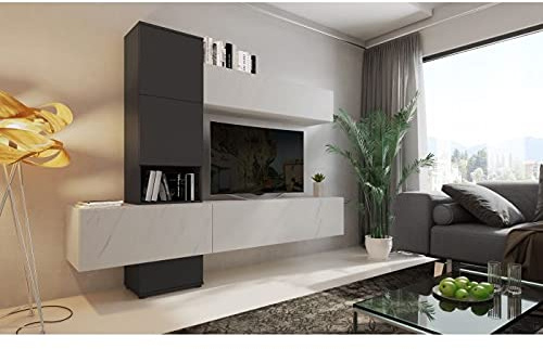 Dmora - Wohnwand, TV-Schrank mit Wohnwänden, Modernes Wohnzimmer komplett mit Carrara-Marmor-Effekt, 240x50xh196 cm, Farbe Weiß und Anthrazit