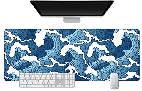 Tapis de souris XXL pour ordinateur portable - Imperméable et antidérapant - 3 mm d'épaisseur - Motif vagues japonaises