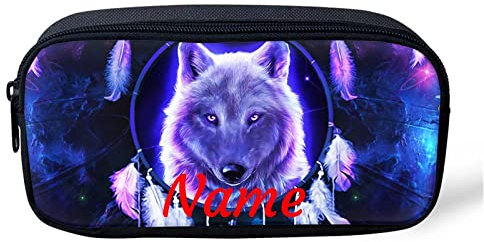 Belidome Kinder-Federmäppchen mit Namen, Galaxiewolf, Traumfänger, Stifthalter