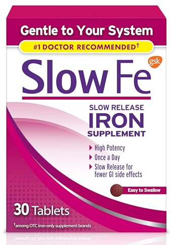 Slow Fe 45mg Iron Supplement for Iron Deficiency, Slow Release, High Potency, Easy to Swallow Tablets - 30 Count
