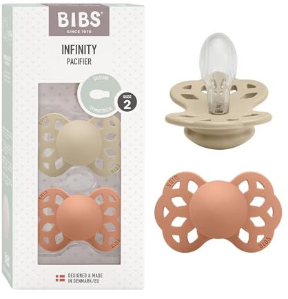 BIBS Infinity Symmetrischer Schnuller Zweierpackung, bisphenol-A frei, Symmetrischer Silikonsauger, Symmetrischer Nippel. Silikon, 6-18 Monate (2er Pack), Vanilla/Peach
