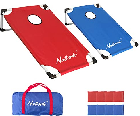 BASYNOL Set pieghevole portatile per cornhole con 2 tavole per cornhole, 8 sacchi per fagioli per cornhole e custodia per il trasporto, per giochi da giardino, giochi da campeggio per interni ed