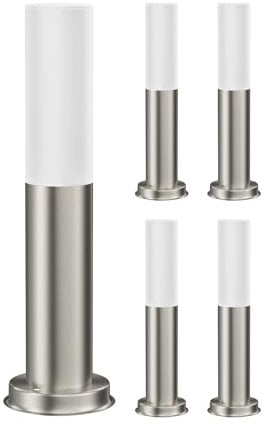 ledscom.de 5 Stück Pollerleuchte PORU, Glas, für außen, edelstahl, rund, 38,5cm, inkl. E27 Lampe, max. 963lm, warmweiß