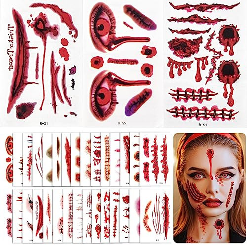 Udewo 30 Sheets Halloween Temporary Tattoos Stickers Zombie Tattoo Halloween Cosplay Temporary Tattoo Sca Tattoos with Fake Scab Wound Halloween Face Stickers Special Fx Costume Makeup Props