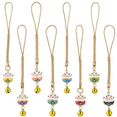 PH PandaHall 8pcs Charme de chat porte-bonheur Porte-clés chat faisant signe Porte-clés pendentifs japonais Maneki Neko Fortune Ornement de chat de santé de richesse Pendentif de téléphone portable