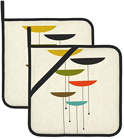 Set di 2 presine resistenti al calore con tasca per cottura in cucina, forno, forno a microonde (20,5 x 20,5 cm), stampe moderne di metà secolo