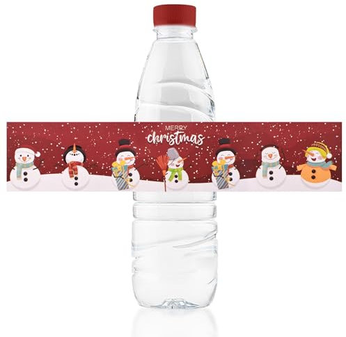 URROMA Water Bottle Labels Christmas, 48pcs Snowman Bottle Label Stickers Christmas Red Water Bottle Stickers Adhesive Wine Bottle Covers Christmas Party Supplies