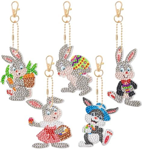 JSRQT 5 Stücke DIY Diamant Malerei Schlüsselbund Ostern Hase Ostereier 5D Strass Malerei Doppelseitig Diamond Art Painting Schlüsselanhänger für Handtasche Dekoration Rucksack Handtasche