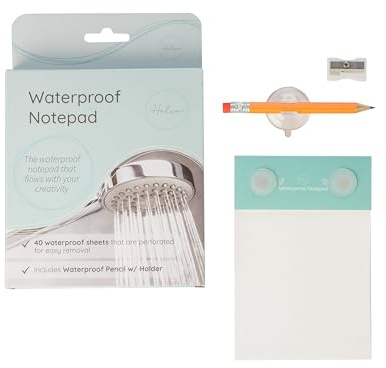 Halsa Wasserdichter Duschnotizblock mit Bleistift, Spitzer & Saugnäpfen - 40 Blatt Abreißbarer wasserdichter Papierblock - Kompaktes Notizbuch für Dusche, Bad, Regen - Allwetter-Schreibblock