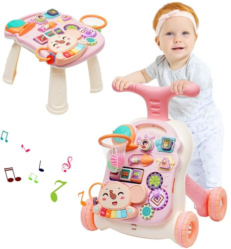 Trotteur Pour Bébé, Trotteur 2 en 1 Assis-debout, Trotteur avec Jouets Montessori et Tableau d'Éveil Détachable, Baby Walker avec Pneus en Caoutchouc, Trotteur pour Bébé à Partir de 6 Mois