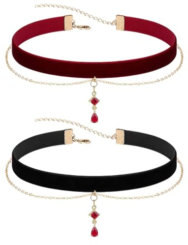 EUPSIIU 2 Stück Choker Halsband Damen, Schmuck Ketten aus Samt Anhänger, Band Choker Halskette für Damen Mädchen, Velvet Gothic Choker Halskette Accessoires für Frauen Mädchen (Schwarz, Rot)