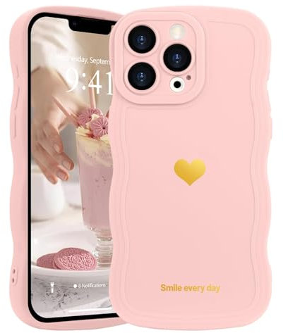 LAPOPNUT for iPhone 13 Pro Max Case,Cute Curly Wave Frame Love Heart Phone Case for Girls Women,Soft Silicone TPU Bumper Shockproof Camera Protective Cover for iPhone 13 Pro Max 6.7 inch,Pink