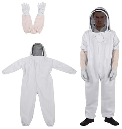 Imkeranzug, Schutzkleidung, Baumwoll-Ganzkörper Imkeranzug Verdickter Einteiliger Schutzanzug mit mit Schleier, Kapuze, Schafsfellhandschuhen, Mütze, Schutz für Imker und andere Weiß Unisex (XXL)