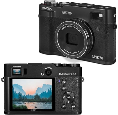 Minolta Fotocamera digitale retrò, autofocus compatta da 48 MP con video 5K Ultra HD, obiettivo selfie posteriore, zoom 16x, WiFi, schermo LCD da 2,8, stabilizzazione digitale, mirino ottico, scheda
