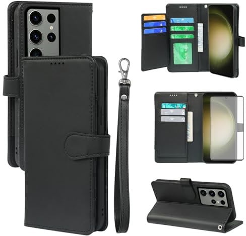 Asuwish Phone Case for Samsung Galaxy S23 Ultra 5G Wallet Cover and Screen Protector Leather Card Holder Slot Stand Rugged Mobile Cell Accessories S23Ultra 23S S 23 23Ultra 6.8 inch Women Men Black