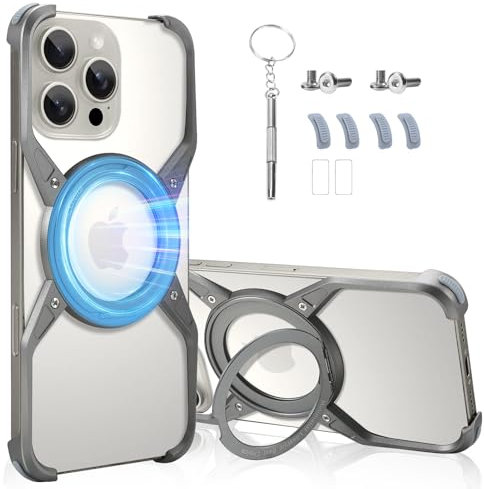 UZEUZA Frameless Metall Magnetische Hülle mit Ständer für iPhone 16 Pro Max, Compatible with MagSafe, Handyhülle Aluminum Minimalismus Kameraschutz,Ultra Dünn Slim Bumper Stoßfeste Case,Titan Natur