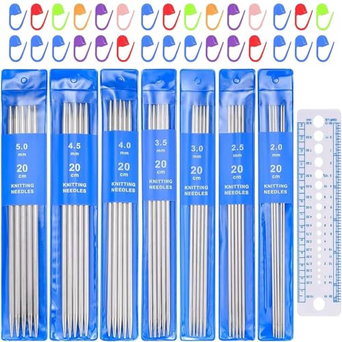 Barlone 66 Stück Stricknadeln Set Edelstahl, Nadelspiel 2,0-5,0mm, 20cm Länge Doppelspitzen Knitting Needles mit Nadellehre, Linear, Maschenmarkierer, Stricknadeln, für Socken Handschuhe Hüte Schals