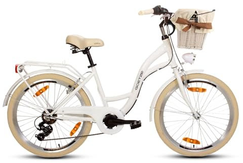 Goetze Mood 24 Zoll Kinderfahrrad, 14 Zoll Tiefeinsteiger Rahmen, 6-Gang Kettenschaltung, doppelte V-Bremsen, LED-Beleuchtung, Gepäckträger, Rattankorb, Komfortsattel, mit Seitenständer & Klingel!