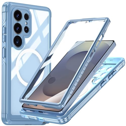 Miimall Dünn Hülle für Samsung Galaxy S25 Ultra Handyhülle für Panzerglas Displayschutz, Kompatibel für MagSafe, Robuste Magnet Outdoor Thin Case für S 25 Ultra 5G Schutzhülle Durchsichtig Hellblau