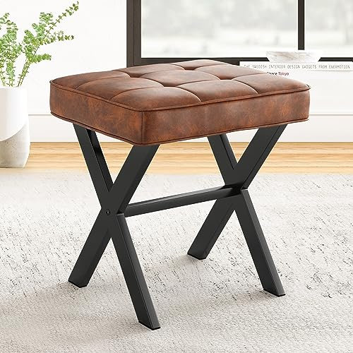 LUE BONA Fußhocker,Make-up Hocker mit X-Bein,Polsterhocker,Schminkhocker,Ottoman Sitz Fußstütze Hocker,Leder Sitzhocker für Wohnzimmer,Schlafzimmer,43 x 33 x 46 cm,Rötlich Braun-Schwarze