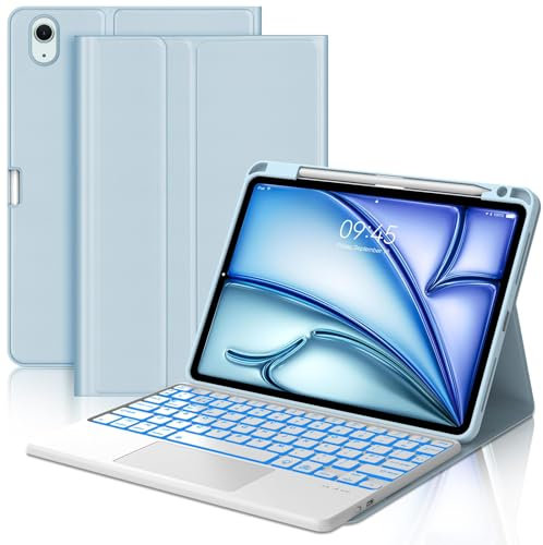 Keyboard Case with Touchpad for iPad Air 11 inch(M3 2025, M2 2024), Wireless Bluetooth Backlit Trackpad Keyboard with Protective Cover and Pencil Holder for iPad Air 10.9 inch(5th/4th Gen), Sky Blue
