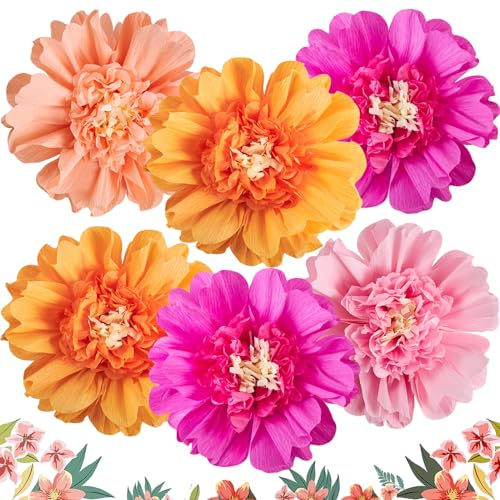 EASY JOY 6 PCS Hot Pink Orange Paper Flowers Decorations | 12'' Crepe Tissue Flower Decorations for Wall Birthday Party Baby Bridal Shower Office Classroom Wedding Carnival