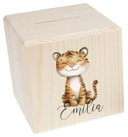 minimutz Spardose Holz Kinder, Personalisierte Sparbox Tier Mädchen Jungen, Holz Sparbüchse 10x10 cm, Bunter Aufdruck Tiger