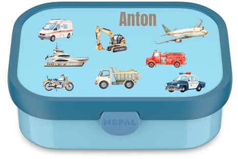 Mepal Brotzeitdose personalisiert, Brotdose Kinder mit Fächern, Lunch Box mit Name BPA-frei auslaufsicher, Bento Box Set mit buntem Aufdruck Fahrzeuge (blau)