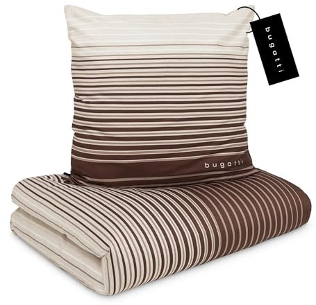 bugatti Bettwäsche 135x200 cm - 100% Baumwolle, Reißverschluss, anschmiegsam, weich & waschbar, Satinbettwäsche braun gestreift