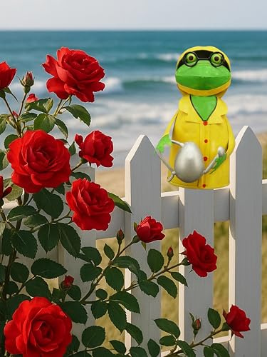Pommerntraum ® | Zaunhocker Pfostenhocker Zaunfigur Dekorationsfigur Gartendekoration Frosch Frösche maritimer Dekofrosch im Friesennerz (Frosch mit Giesskanne)
