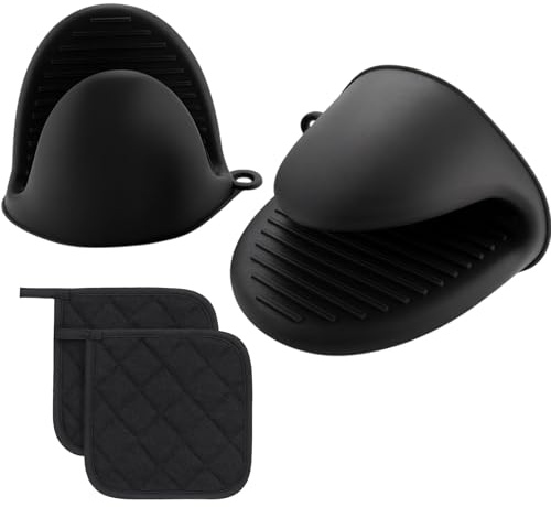 Ofenhandschuhe Silikon, Wärmeisolierte Handschuhe, Silikon Topflappen, Hitzebeständige Silikonhandschuhe für Backen, Grillen und Küche, Geeignet für Das Heimbacken， Schwarz