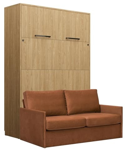 QMM Schrankbett Wandbett vertikal GN 140x200 Eiche geölt mit LED und Sofa (Nussbraun - Emma 07)