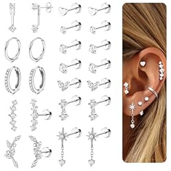 LOLIAS Hypoallergenic Flat Back Earrings Cartilage Earring Stacks - Surgical Steel Earrings for Sensitive Ears - Small Stainless Steel Flatback Stud Hoop Earring Sets for Helix Tragus Conch Daith Multiple Piercing Jewelry Trendy Silver