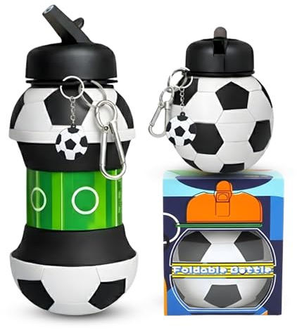 Mastery Football Collapsible Water Bottle - Football Gifts for Boys and Girls - Collapsible Water Bottle with Keychain Birthday Gift - Silicone Expandable Sports Water Bottle 550ml