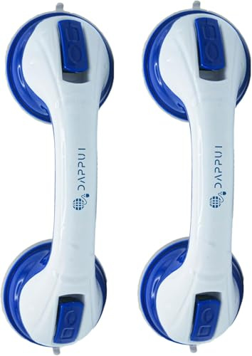 Pack of 2 Suction Handles for Shower, Bathroom Support Suction Grab Rails for Shower & Bathtub| Non-Slip, No-Drill Safety Rails for Elderly & Disabled, Portable Bathroom Aid Grab Rail (White Blue)