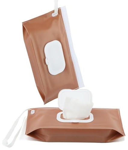 FITULABO 2 Pack Refillable Portable Wet Wipes Dispenser – Reusable Baby Wipes Holder & Wet Wipe Pouch, Travel Wipes Dispenser for Home, Car, Office & Outdoor Use – Fits Box of Baby Wipes (Brown)