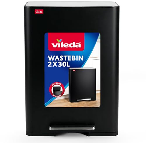 Vileda Mülleimer 60L Edelstahl schwarz mit 2x 30L Fächern - Treteimer mit Deckel - Abfalleimer 60L mit Soft-Close und 90 Grad Öffnung - Mülleimer Küche 60L - inkl. Einsatzfach für Duftpads im Deckel
