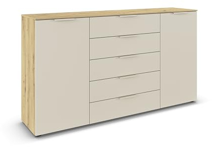 Rauch Möbel Flipp, Kommode, Farbe Beige/Eiche Artisan, Breite 180 cm | Sideboard, 2-türig, 5 Schubladen, Soft-Close-Funktion, für Schlafzimmer, Gästezimmer, Wohnzimmer, Garderobe, Flur