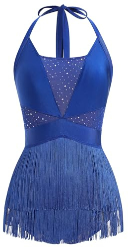 EFOGEP Damen Latein Tanzkostüm Pailletten Fransen Bodysuit Salsa Tangos | Mit auffälligen Fransen, glänzenden Details und Neckholder-Design für Tanzauftritte, Shows und besondere Momente